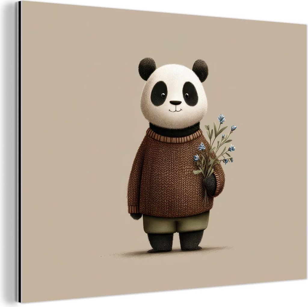 MuchoWow Wanddekoration Metall Metallbild Wandkunst 40x30 cm Panda - Blaue Blumen - Sanftheit MuchoWow Aluminium Gemälde - Dekoration Wohnzimmer
