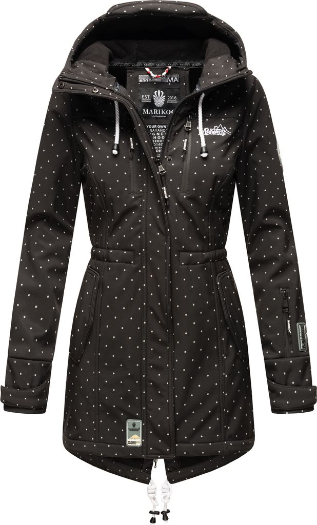 Marikoo Zimtzicke Damen Wasserdichte Softshell Jacke mit Kapuze Outdoor Regenjacke Regenmantel Schwarz mit Punkten Gr. 36 - S