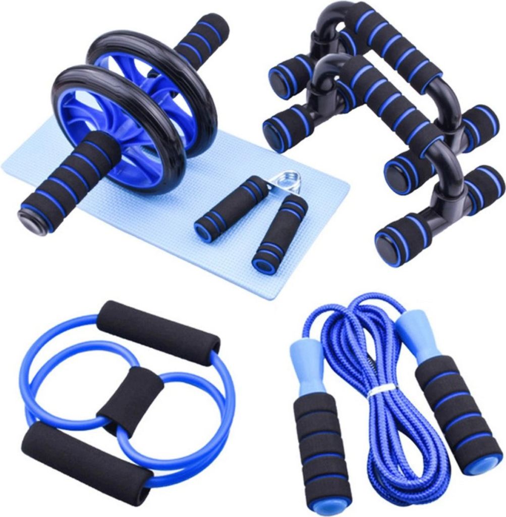 Bauchroller, Liegestützgriffe, Springseil, Widerstandsband & mehr, 7-teiliges Fitness-Set für Zuhause