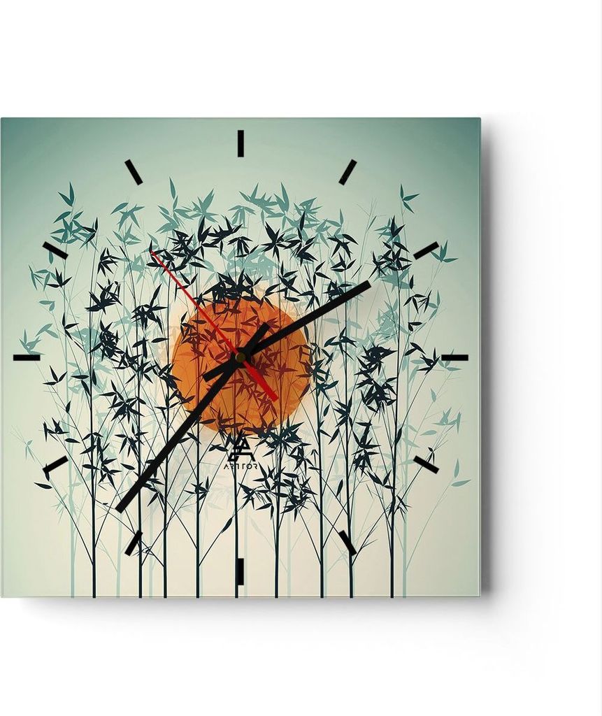 Wanduhr - Quadrat - Glasuhr - Westen Sonne Gras - 40x40cm - Schleichendes Uhrwerk - Lautlos - zum Aufhängen bereit - Dekoration Modern - Wanddekor...