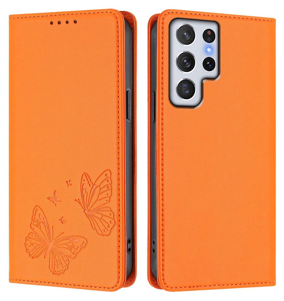 Lederhülle für Samsung Galaxy S22 Ultra 5G, Schmetterling Prägung Leder Brieftasche Schutzhülle mit Ständer Orange