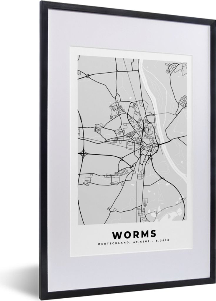 MuchoWow Gerahmtes Poster Karte - Worms - Karte - Deutschland 40x60 cm - Poster mit Schwarzem Bilderrahmen Wandposter Rahmen Foto Bilder - Poster...
