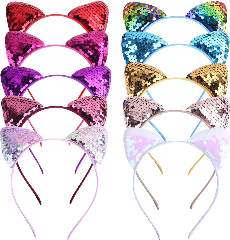 Set 10 Cerchietti Orecchie Gatto Glitter per Ragazze Cosplay e Party