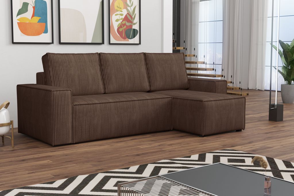 MR GROUP Ecksofa L Form Bergamo 240 x 142 cm mit Schlaffunktion und Bettkasten Couch Cord Schlafsofa Schlafcouch Sofa universale Seite, braun