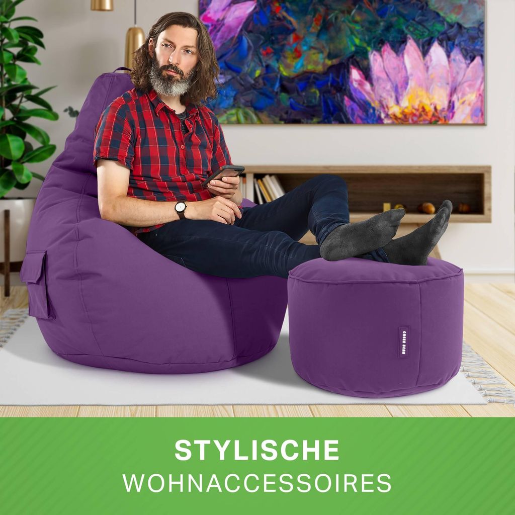 Green Bean Sitzsack mit Rückenlehne + Hocker "Cozy+Stay" 80x70x90cm - Gaming Chair mit 230L EPS Perlen Füllung - Lila