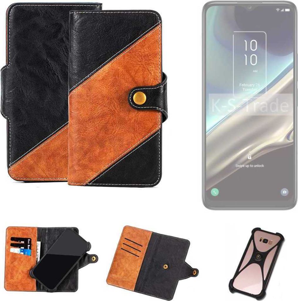 K-S-Trade Handyhülle Schutzhülle Bookstyle Case Wallet-Case kompatibel mit TCL 406s Handy Cover Bumper Klapphülle schwarz hellbraun 1x