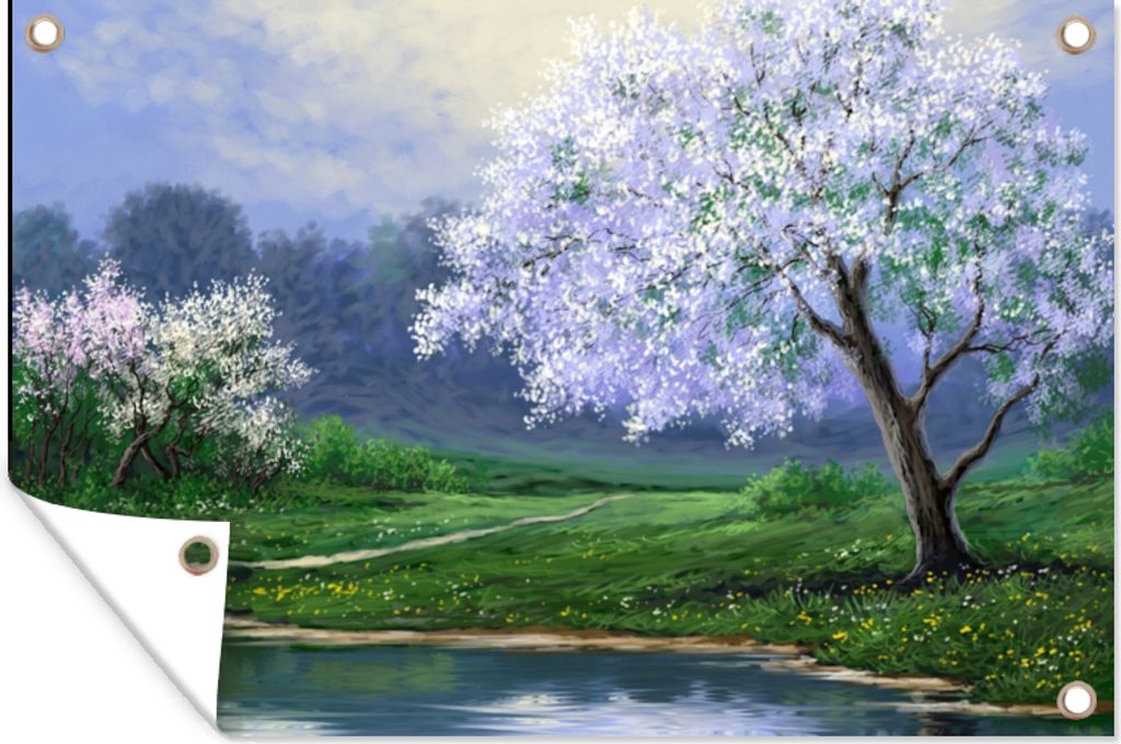 MuchoWow 90x60 cm Outdoor-Poster Gartendeko Sichtschutz Garten Poster für den Garten Malerei - Baum - Blüte - Natur - Wasser