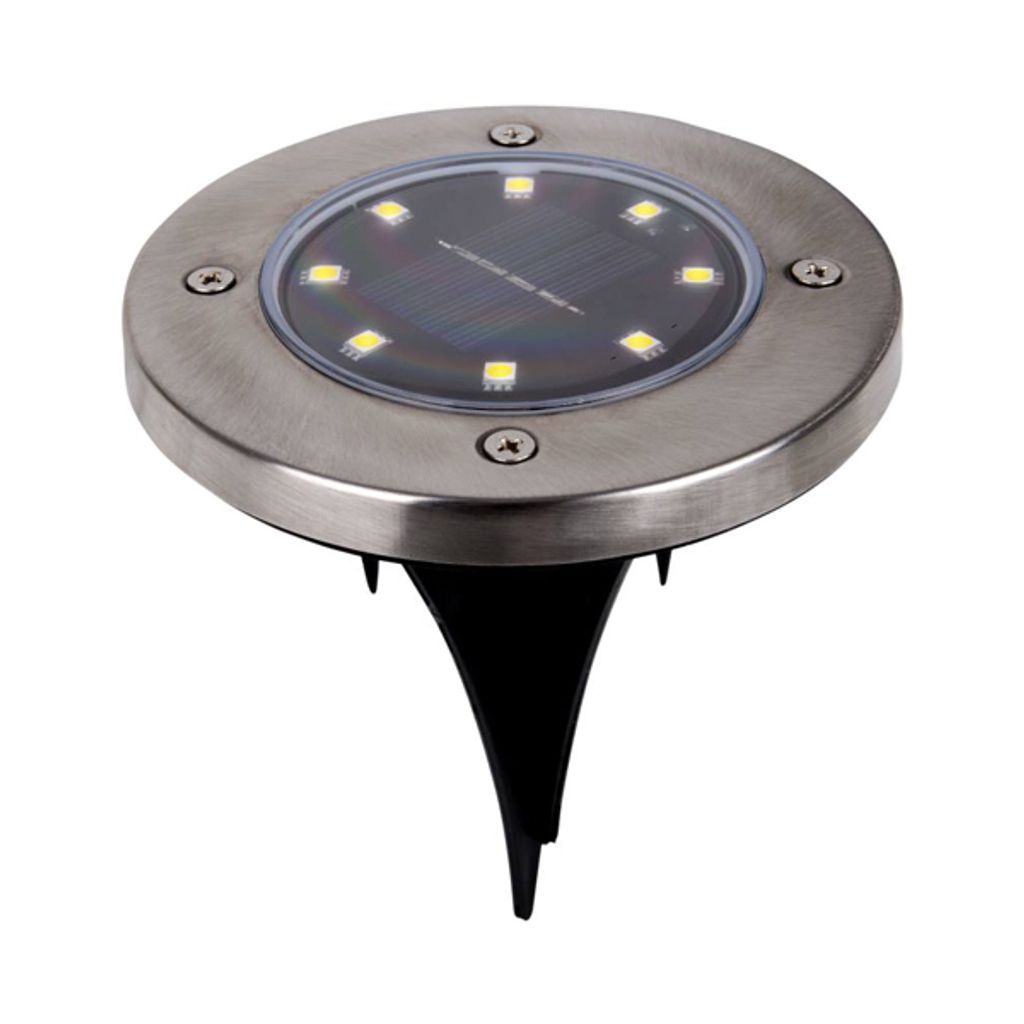 A solar-powered garden light with multiple LEDs and a metal casing.
