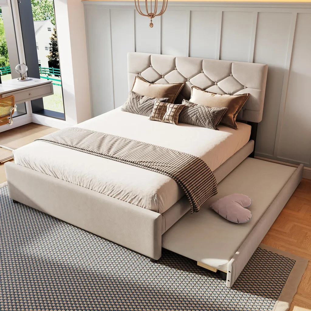 Cadre de lit double 140x200 en velours beige avec rangement mobile