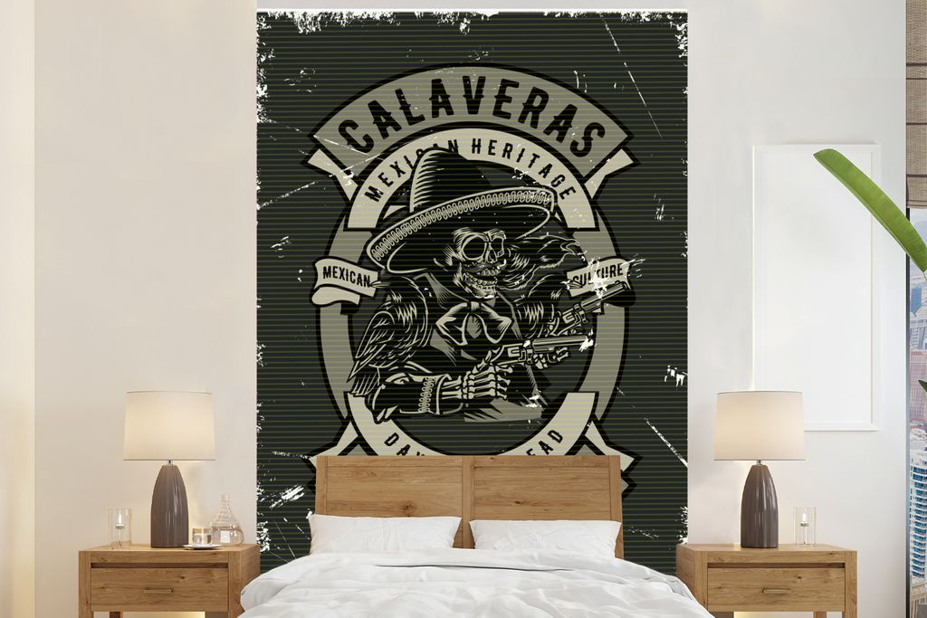 MuchoWow Fototapete für Wohnzimmer oder Schlafzimmer Wandtapete Vinyl Motivtapete Skelett - Pistole - Hut - Retro - 155x240 cm - Tapete