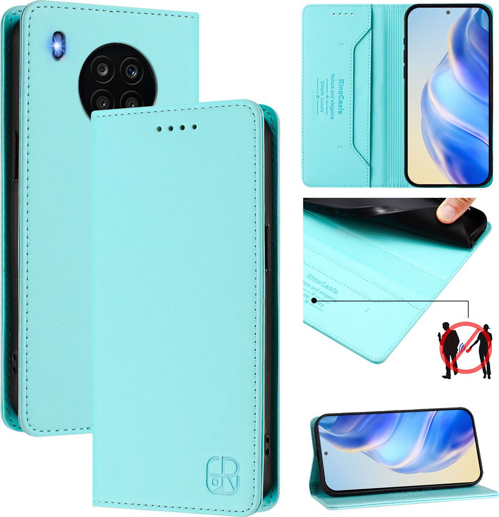 Lederhülle für Huawei Nova 8i/Honor 50 Lite Hülle Flip Brieftasche Kartenfächern Ständer Schutzhülle Türkis