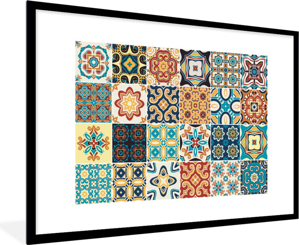 MuchoWow Gerahmtes Poster Blumen - Vintage - Muster - Blau - Orange 90x60 cm - Poster mit Schwarzem Bilderrahmen Wandposter Rahmen Foto Bilder - ...