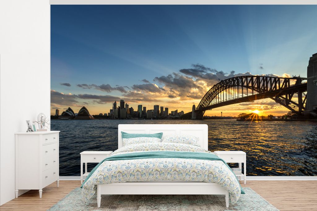MuchoWow Fototapete für Wohnzimmer oder Schlafzimmer Wandtapete Vinyl Motivtapete Sonnenstrahlen über der Sydney Bridge - 375x240 cm - Wand Tapete