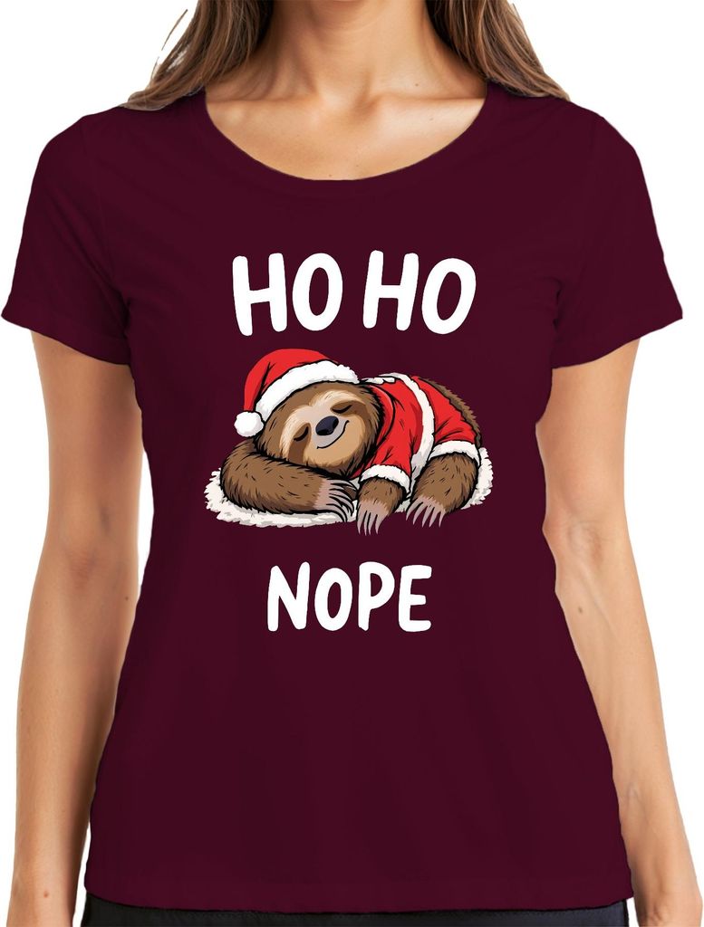 HO HO NOPE Faultier Weihnachtsmütze Schlafend Lustig Geschenk Damen T-Shirt, Burgundy, L