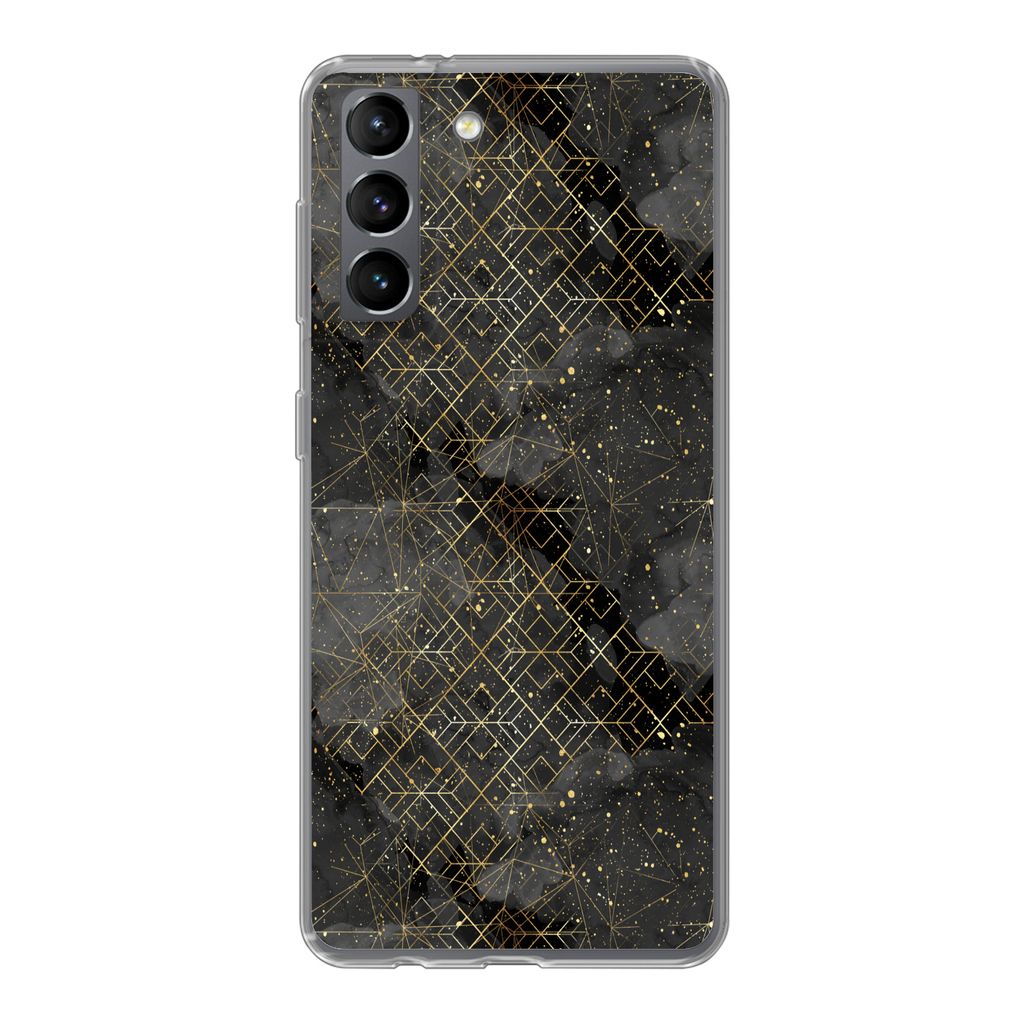 MuchoWow Handyhülle Schutzhülle Hülle für Samsung Galaxy S21 Marmor - Schwarz - Gold - Geometrie Silikon Softcase Handy Hülle - Softcase