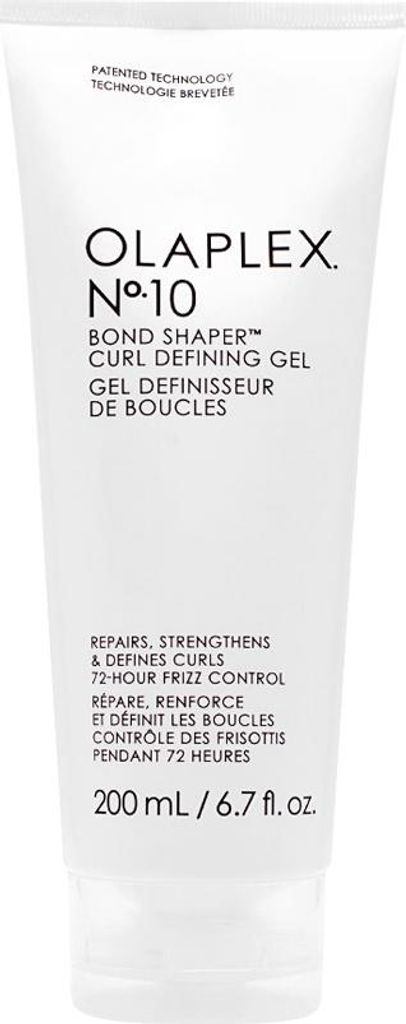 A white tube of Olaplex No.10 Bond Shaper Curl Defining Gel against a white background.