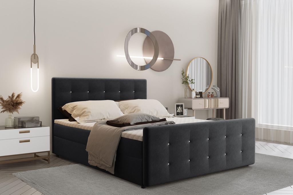 Kaiser Möbel Boxspringbett 160x200 mit bettkasten und matratze+topper, Schlafzimmerbett AMOR Schwarz