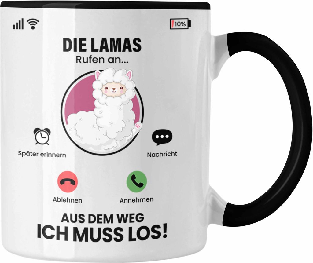 Trendation - Die Lamas Rufen An Tasse Geschenk für Lamas Züchter Besitzer Geschenkidee Lustig Spruch Alpaka Farm (Schwarz)