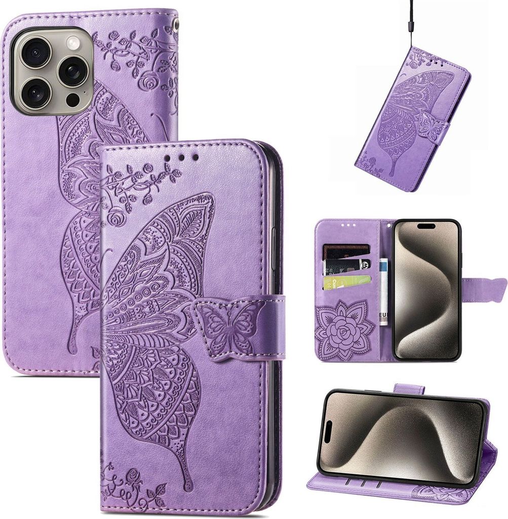 Für Apple iPhone 16 Pro Max Kunstleder Wallet Handy Tasche Schmetterling Design Hülle Etuis Hell-Lila