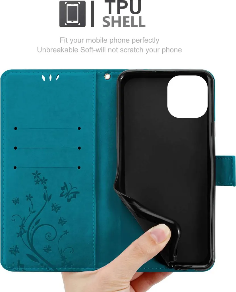 Custodia Cadorabo per Apple iPhone 15 in FLORAL BLUE Custodia protettiva con design floreale con chiusura magnetica, funzione stand e slot per carte di credito Flip Case Flower Cover Etui Handy Klapp Hülle Book Tasche - 5