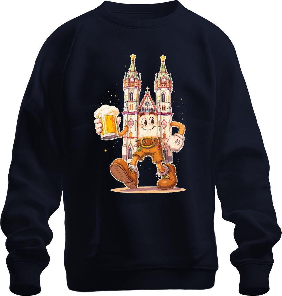 Köln Kölner Dom Bier Lederhosen Cartoon Kölsch Karneval Fasching Uni Sweatshirt Pullover, Navy, XXL
