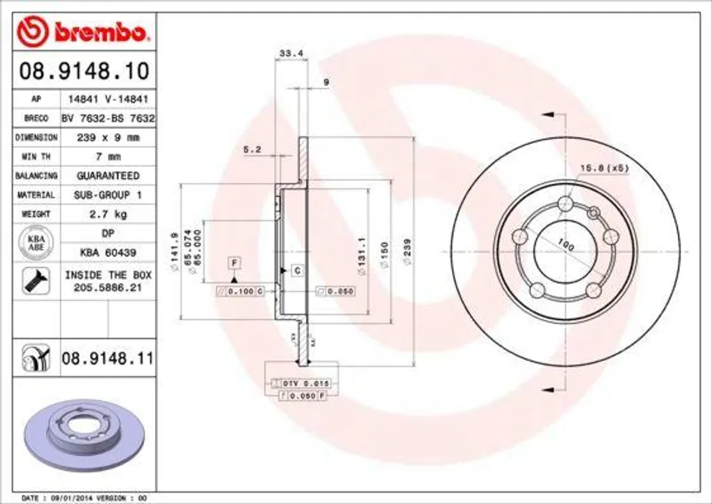 Disque de frein arrière Brembo 08.9148.11 pour Golf 4 et Audi A3