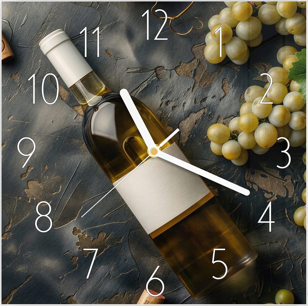 Wanduhr aus Glas mit Motiv Weintrauben mit Wein- 30 x 30 cm - inkl. Aufhängesystem