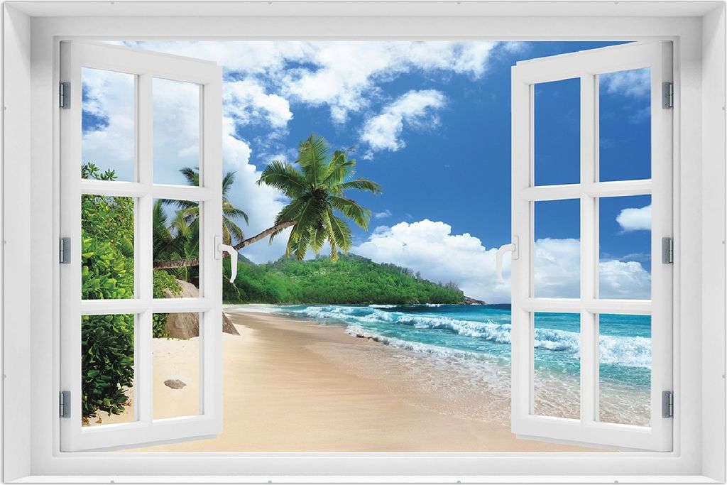 Wallario Wandbild mit Fenster-Illusion: Urlaub auf den Seychellen unter Palmen am Sandstrand, Größe: 61 x 91,5 cm, Poster mit rahmenlosen Bildhalter