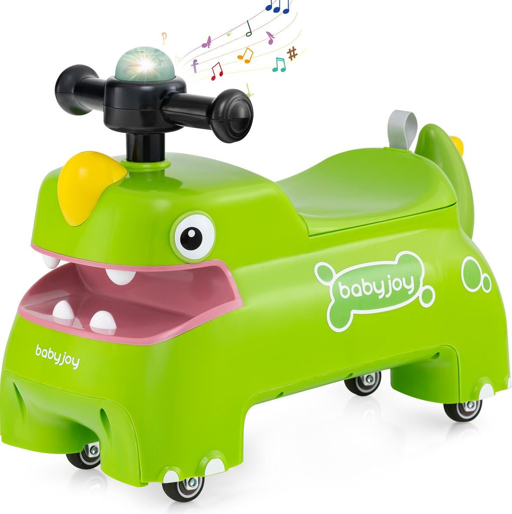 COSTWAY Rutschauto, Rutschfahrzeug mit Stauraum unter dem Sitz, Lichter, Musik & Hupe, Dinosaurier Schiebauto, Rutscher Auto für Kinder 1 +(Grün)