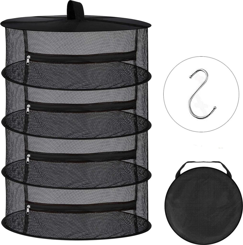 A black mesh drying rack with multiple shelves and a hook, shown against a white background.
