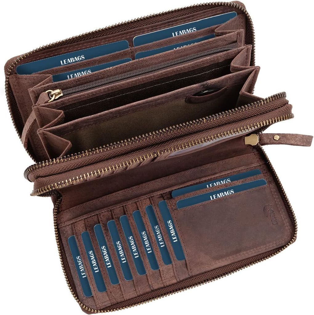 **Leder Geldbörse Damen Groß mit RFID Schutz - Echtleder Portemonnaie XXL, 29 Kartenfächer, Münzfach, Doppelter Reißverschluss, Portmonee für...