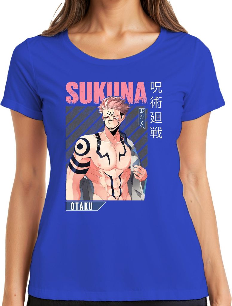 Sukuna Jujutsu Kaisen Otaku Anime Ästhetik Fan Geschenk Vintage Damen T-Shirt, Blau, XL