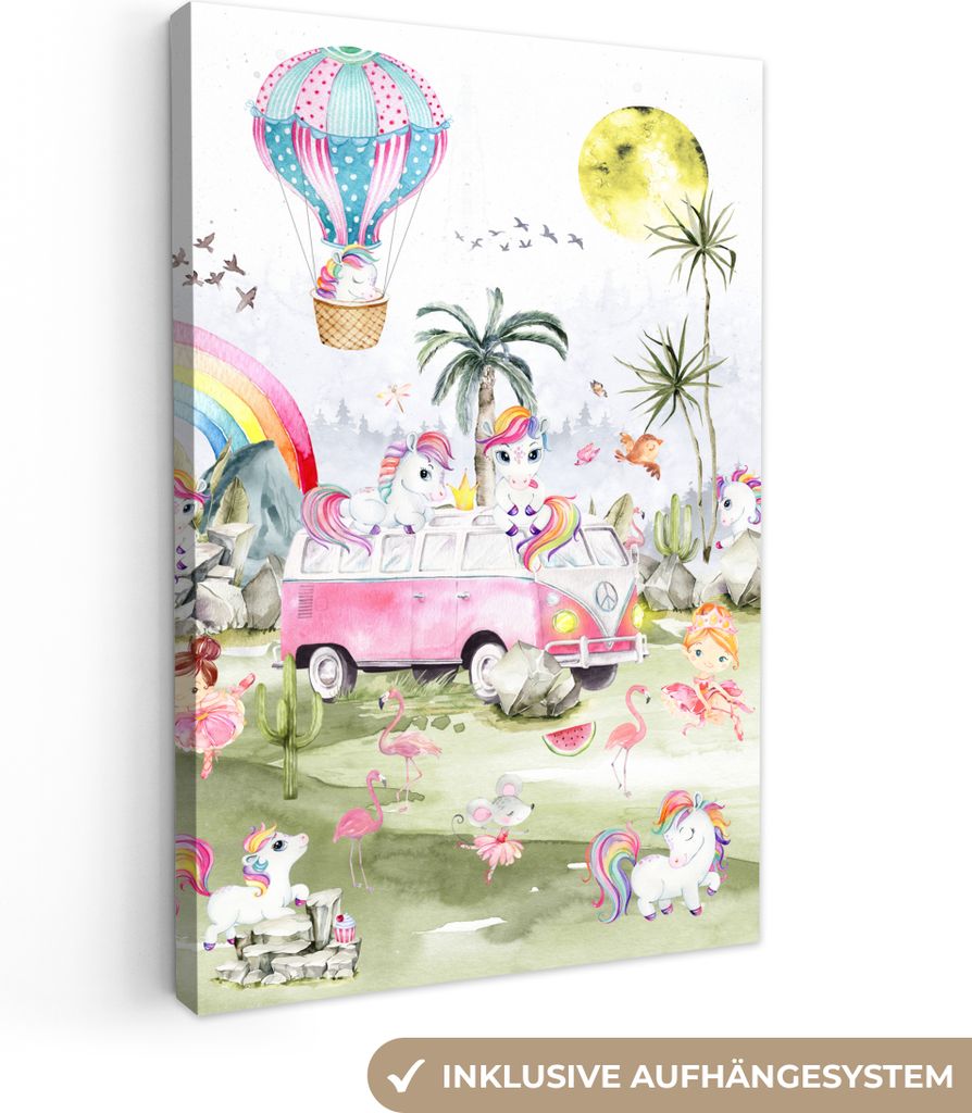 MuchoWow - Leinwandbilder - Einhorn - Regenbogen - Kinder - Mädchen - Auto, Wandbild, Wanddeko Bilder Wohnzimmer, 20x30 cm