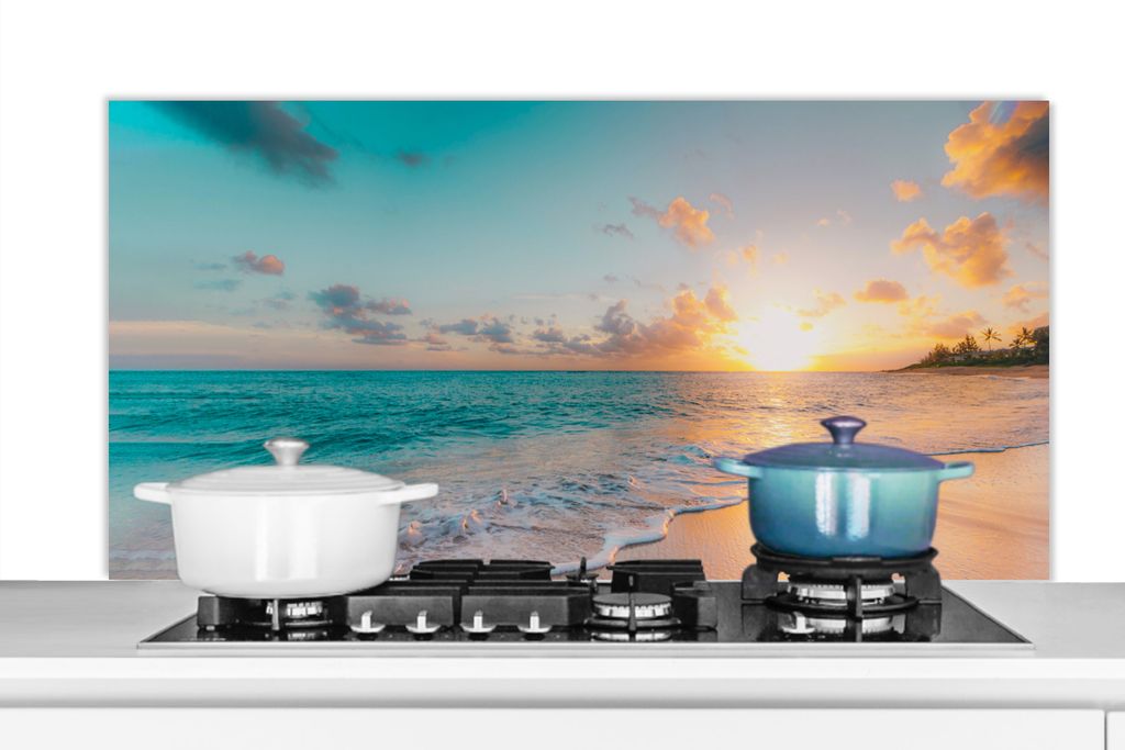 KitchenYeah Spritzschutz Küche - Küchenrückwand - Wandschutz für Herd und Spüle - Sonnenuntergang - Strand - Meer - Sommer - Blau 120x60 - A...