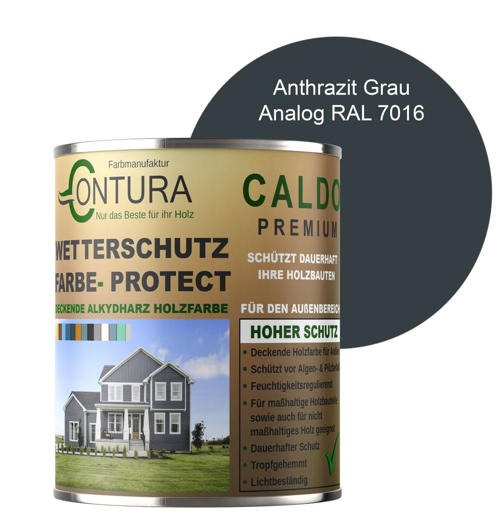 Contura 1Liter Wetterschutzfarbe Holz Dauerschutzfarbe Deckend Buntlack Holzfarbe Holzlasur Seidenmatt - Anthrazitgrau - RAL 7016 Analog