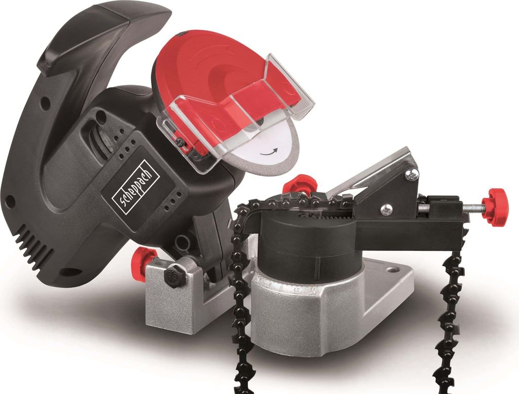 A close-up studio shot of a black and red electric chainsaw sharpener with a chain attached.