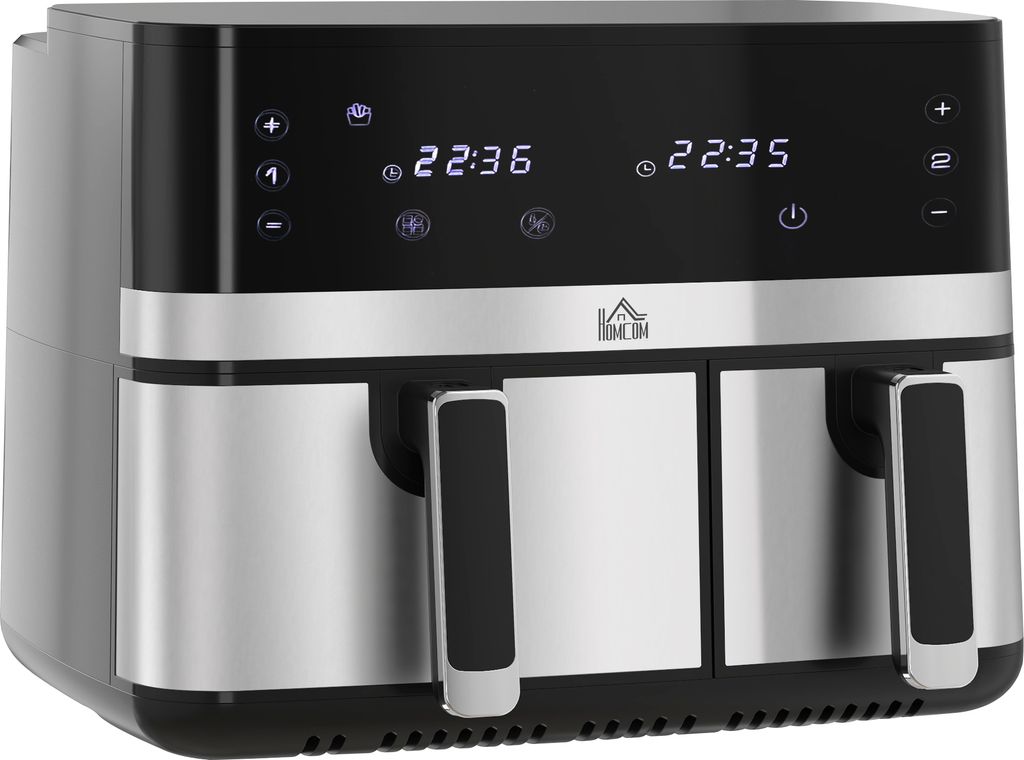HOMCOM Heißluftfritteuse 8,5L Fritteuse mit Doppelkammer, 8 in 1 Rezeptur, Airfryer mit Antihaftbeschichtung, Touchscreen, ohne Öl, Schwarz
