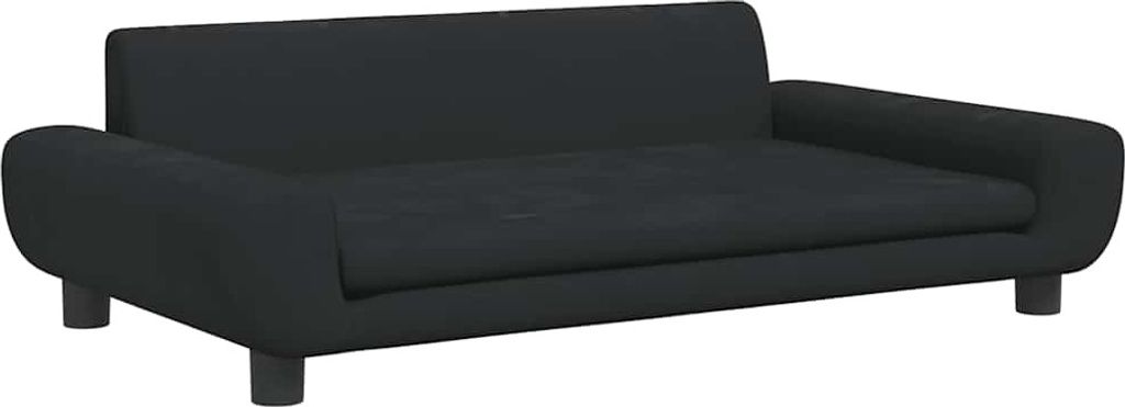 A black dog bed is shown from a front-side angle against a white background.