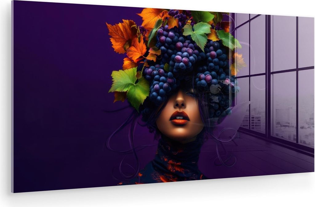 MuchoWow Glasbilder - Bilder auf Wandbild - Foto auf Glas Frau - Lila - Weintrauben 40x20 cm Wanddekoration aus Glas - Acrylglasbild - Acrylbilder ...