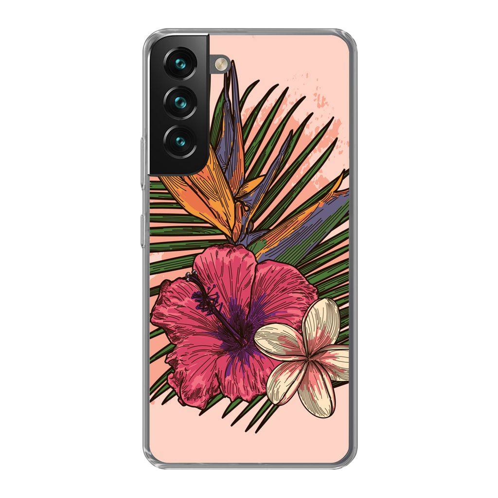 MuchoWow Handyhülle Schutzhülle Hülle für Samsung Galaxy S22 Blumen - Tropisch - Rosa Silikon Softcase Handy Hülle - Mobiltelefonhülle