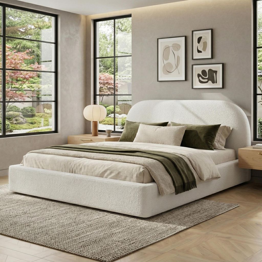 okwish Polsterbett 180x200 Jugendbett mit gepolstertes Kopfteil und Lattenrost Doppelbett Gebogenes Kopfteil-Design Beige (ohne Matratze)
