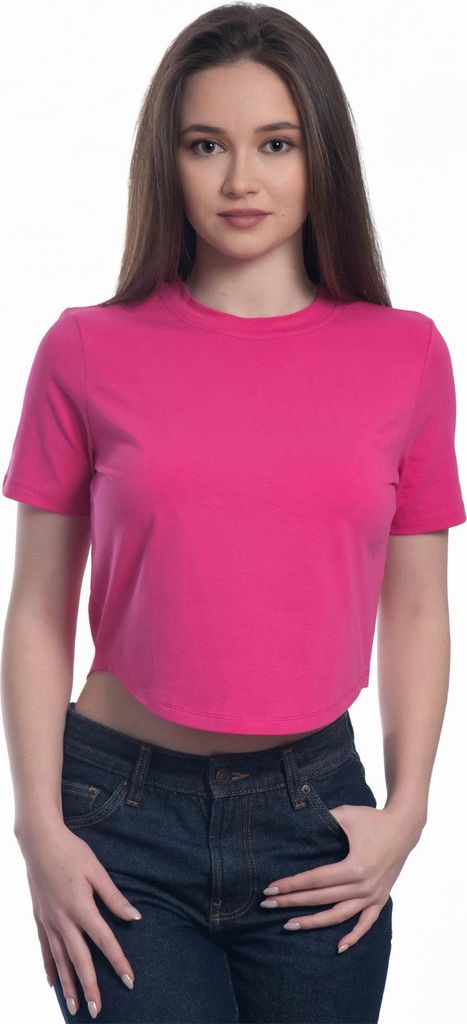 Damen-Crop-Top mit kurzen Ärmeln und Rundhalsausschnitt. FUCHSIE: S