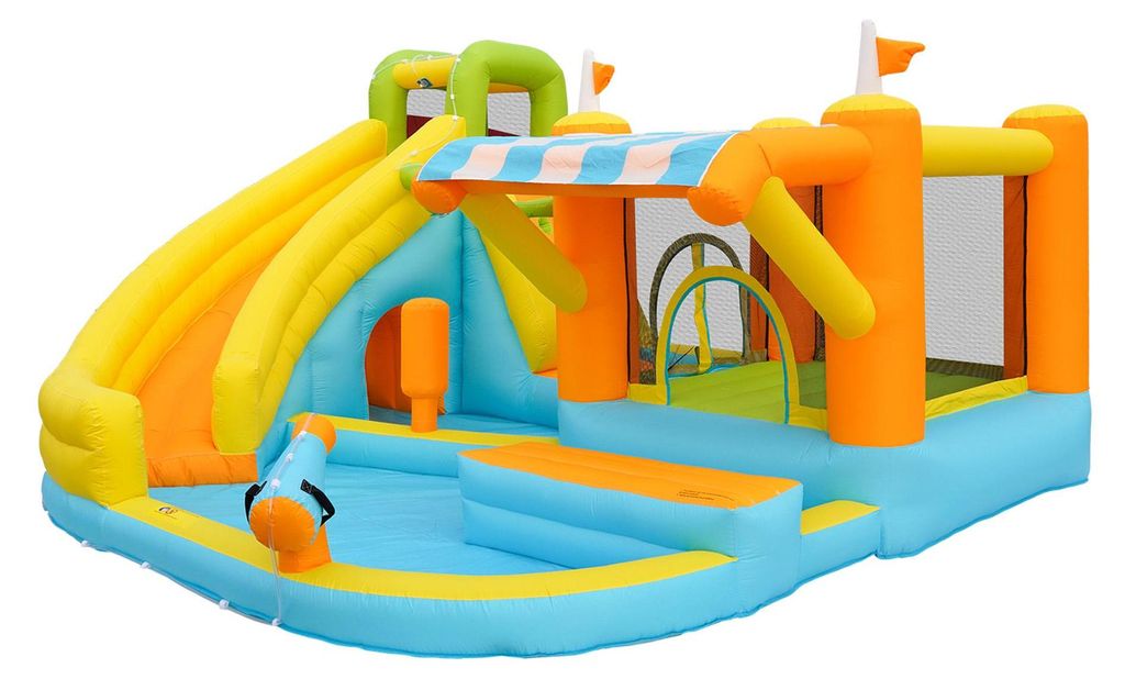 Zimilo Kinder Wasserpark mit Rutsche und Pool, aufblasbare Hüpfburg mit Gebläse, Planschbecken, Kletterwand, Basketball, 433 x 375 x 165 cm