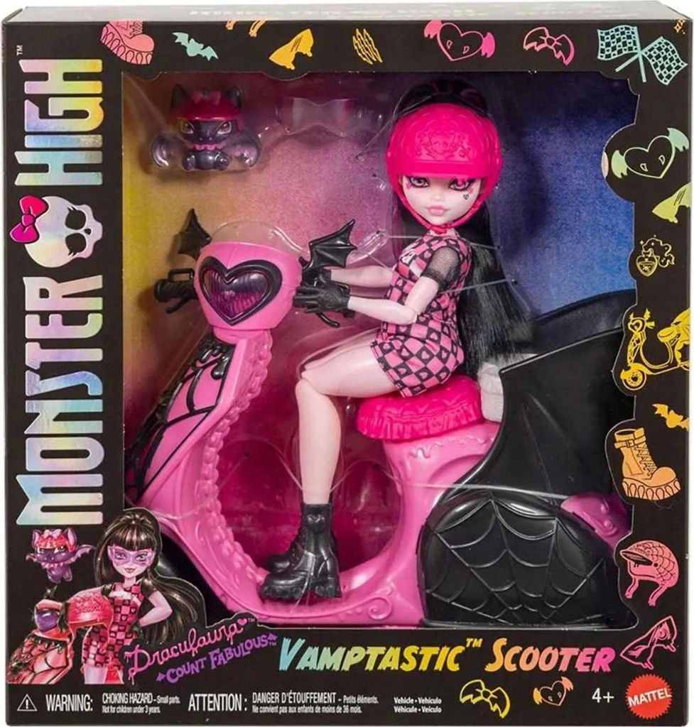 A Monster High doll named Draculaura is shown in her packaging with her Vamptastic Scooter.