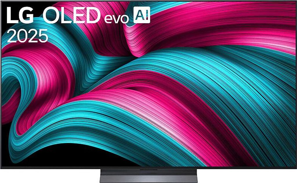 Close-up shot of an LG OLED evo TV displaying a vibrant, abstract wallpaper pattern.