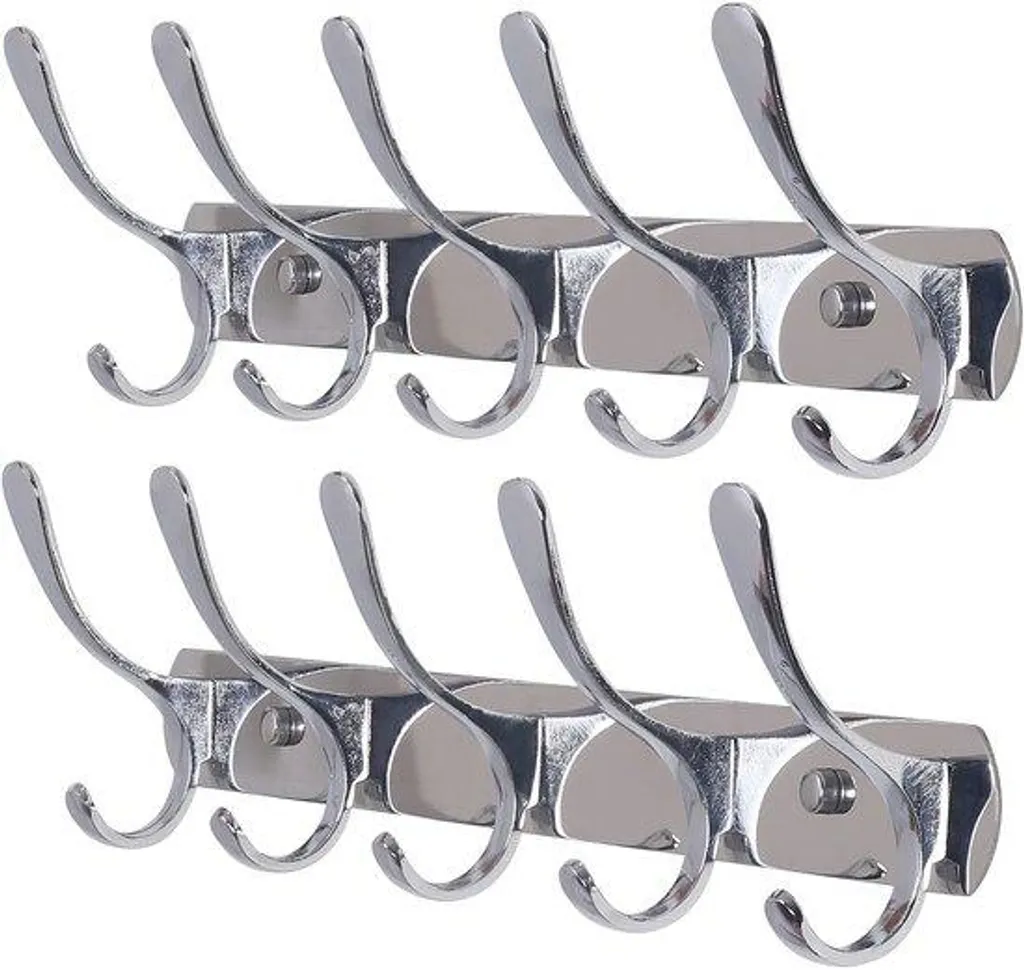 Lot de 2 Crochets Muraux Modernes en Métal Argenté avec 5 Crochets