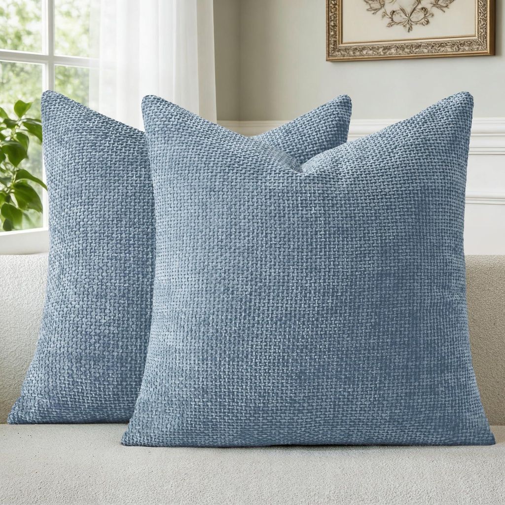 Set mit 2 Kissenbezügen, 50 x 50 cm, blauer Chenille, dekorative gemusterte Kissen, Sofakissen, Dekokissen, Sesselkissen, waschbare, flauschige Ki...