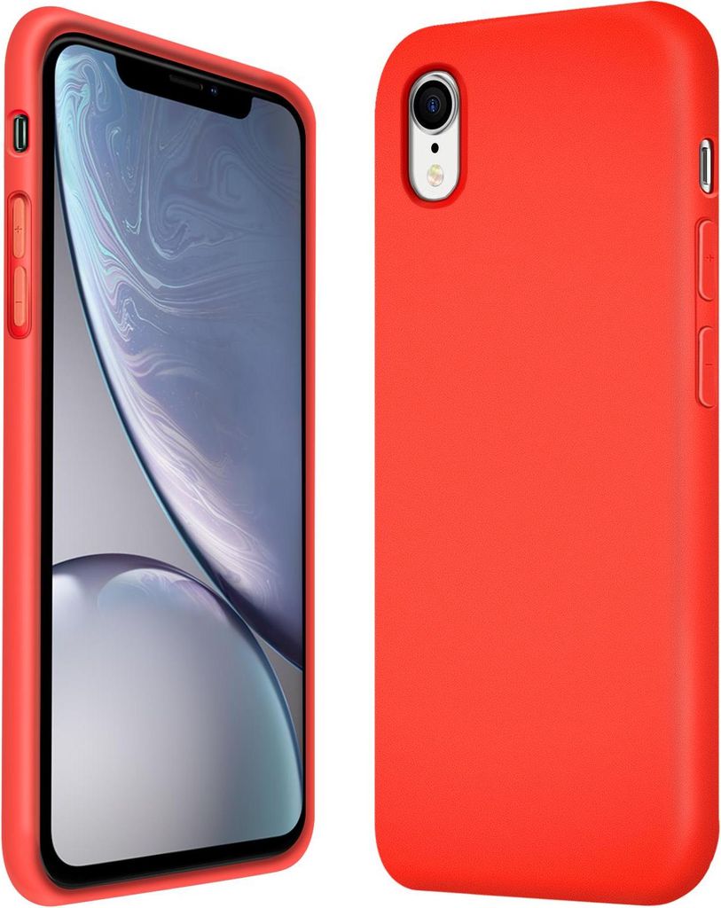 Two views of a red iPhone case against a white background.