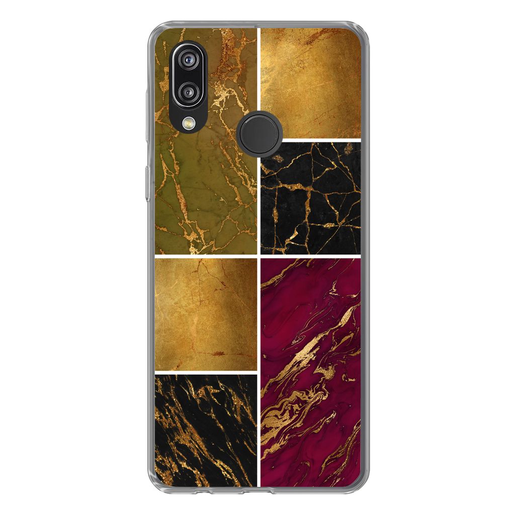 MuchoWow Handyhülle Schutzhülle Hülle für Huawei P20 Lite (2020) Marmor - Gold - Schwarz - Rosa Silikon Softcase Handy Hülle - Kartenhalter