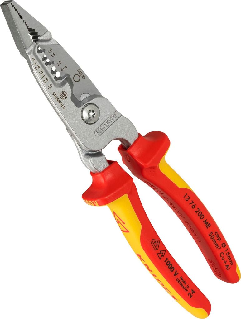A close-up, angled view of a pair of electrician's pliers against a white background.